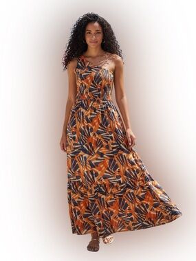 Nine West One-Shoulder Smocked Maxi Dress - Orange & Blue Abstract Print -Small
